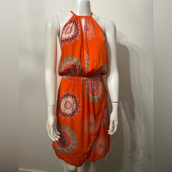 Anthropologie Bright Orange Patterned Halter Dress - Picture 2 of 5